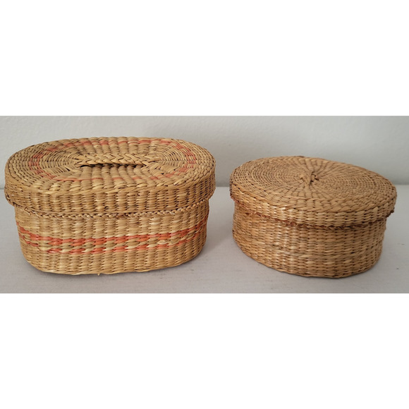 VTG Lot of 3 Oval w/stripe 2 Round Sweetgrass Natural Baskets with Lids Trinket - Picture 2 of 8